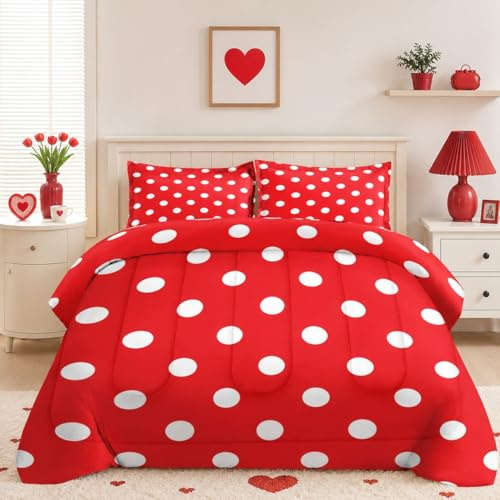 Pamnest Bettdecken-Set, volle Größe, rot, gepunktet, Sommer, weich, 3-teilig, für Kinder und Erwachsene, niedliches geometrisches Remo-Bettwäsche-Set mit 2 Kissenbezügen für Schlafzimmer