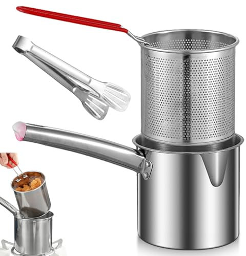Olla para freidora de 1,8 l de acero inoxidable, recipiente para grasa con filtro de malla fina, olla con filtro de aceite, olla con tapa, olla para freír con cesta y pinzas de barbacoa para freír