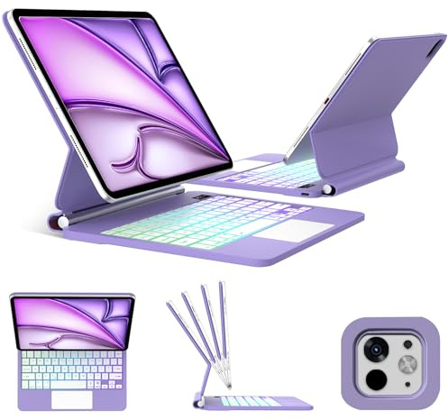 FOGARI Keyboard for iPad Pro 12.9 2018-2022 (3/4/5/6 Generation) - Case for iPad Air 13 M4/M3/M2, Magnetic Floating Stand, Multi-Touch Trackpad, 7 Color Backlight, UK QWERTY Layout, Violet