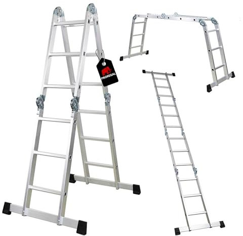PROREGAL Sprossen-Mehrzweckleiter MULTISTEP mit TÜV/GS Zertifizierung und EN 131-Standard, 4-teilig Aluminium, 4x3 Sprossen, bis zu 3,6m Höhe, Traglast 150kg, Arbeitsgerüst Stehleiter Anlegeleiter