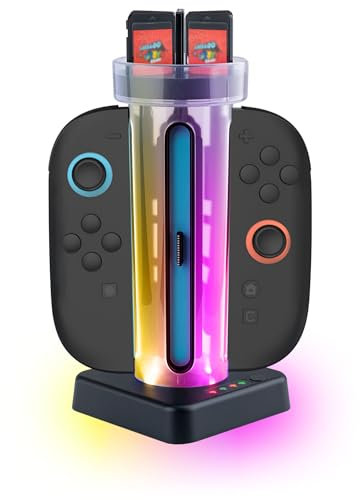 Tolesum Estación De Carga para Mando Switch 2, Estación De Carga Rápida para 4 Controlador Compatible NS 2, Accesorios con Indicadores Led, Ranura para Tarjeta De Juego, 5 Modos De Luz RGR