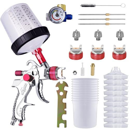 Pistola per Verniciare Pneumatica con 10 Tazze Colorate - Pistola a Spruzzo per Verniciare per Carrozzeria Auto, Kit Completo con 3 Ugelli e Manometro (Rosso)​