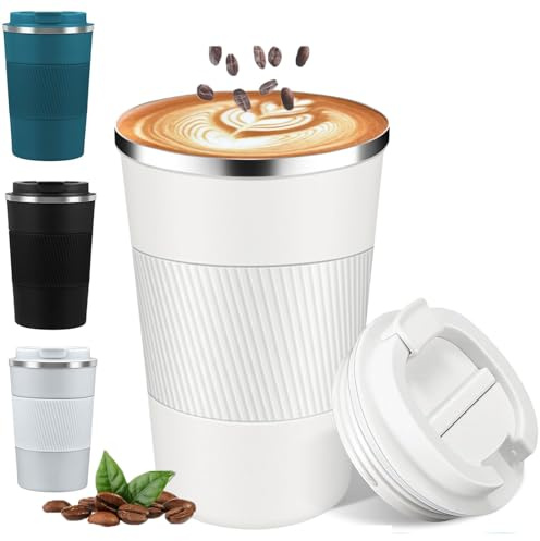 qisheng Coffee Travel Mug, 380ml Insulated Coffee Cup with Leakproof Lid- Reusable Cups Stainless Steel Double Wall Vacuum Thermal Mug for Hot and Cold Water Tea - White