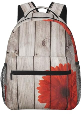 AMHMNZDXH Sac à dos rétro en bois avec fleur rouge dahlia unisexe léger tendance décontracté pour voyage, camping, affaires, décontracté ou université, Noir , taille unique