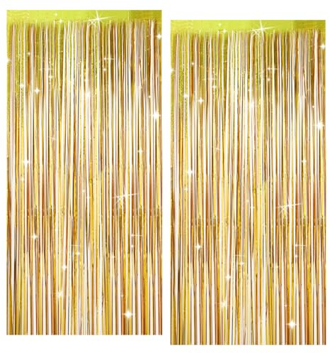 DONQTWAY 2 Stück Lametta Vorhang Gold Glitzer - 1x2,5m Goldenes Metall-Lametta-Vorhang für Geburtstag, Hochzeit, Abschluss und Silvester Party-Dekoration, Girlande Geburtstag(Gold)