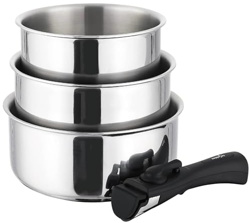 TeCuisine - Lot Coffret de 3 Casseroles Inox 18/10 Triply - 16/18/20 cm - Manche Amovible - Sans Revêtement - Sans PFAS, PFOA, PTFE - Compatible Tous Feux Dont Induction - Cuisson Saine et Durable