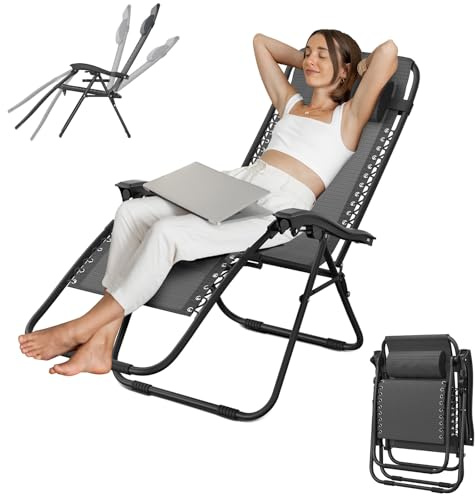 LZQ 2er Set Klappbarer Gartenstuhl Liegestuhl mit Kopfstütze und Getränkehalter Sonnenliege für Garten & Camping Verstellbare Rückenlehne Tragbare Strandliege Belastbar bis 120kg, Grau-Schwarz