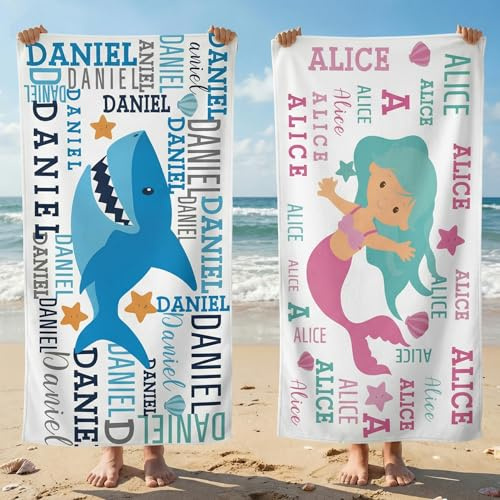 Toalla de playa personalizada con nombre para niños, toalla infantil de microfibra, suave, absorbente y de secado rápido, diseño sirena o tiburón - ideal para piscina, playa, vacaciones y regalo