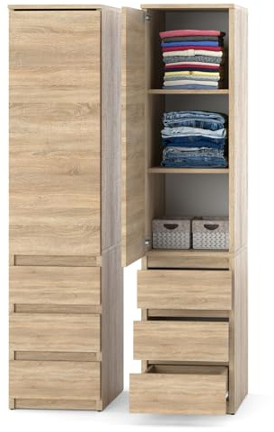 ELVA Kleiderschrank 40 cm breit – Modularer Mehrzweckschrank Eiche Sonoma – Grifflos Design Hochschrank mit Schubladen & Türen – Schmaler Vorratsschrank für Schlafzimmer, Flur & Büro