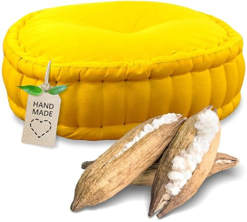 livasia Meditationskissen - Ø 45x15cm - Pouf einfarbig, Yogakissen mit Kapokfüllung, Bodenkissen Yoga und Zen Meditation, Sitzkissen für Garten und Balkon, Zafukissen handgefertigt (Gelb Uni)