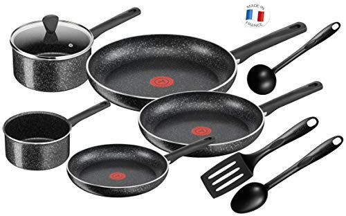 Tefal c2649202 - Juego de 9 Piezas de Acero Moteado sin Revestimiento para Todas Las Fuentes de Calor, incluida inducción, Aluminio, Negro, 59 x 39 x 28 cm