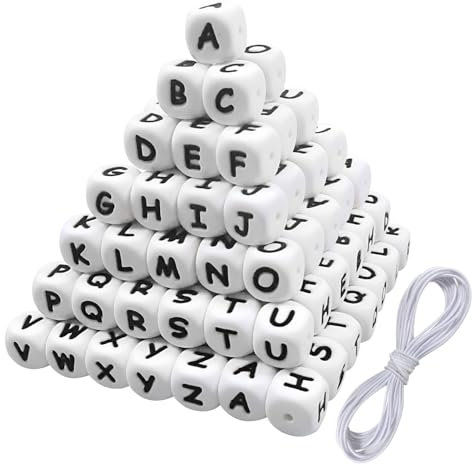 TOAOB 52 Pezzi Perline Lettere per Braccialetti in Silicone 12mm Grandi Bianche e Nero Cubo Alfabeto Perle Beads con 2M Filo per Collane Bigiotteria Gioielli Fai da Te Phone Catene Portachiavi