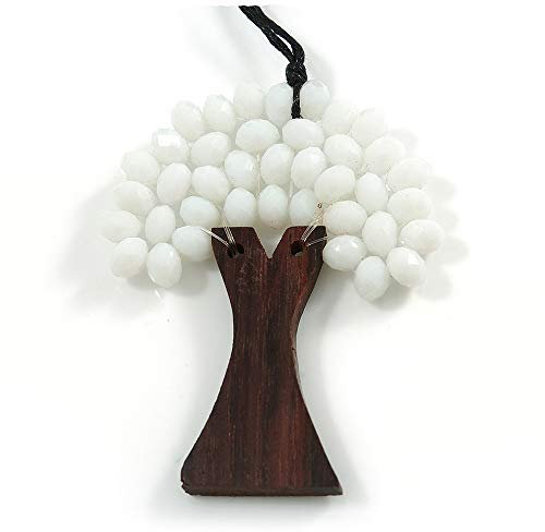 Avalaya Pendentif arbre de vie en bois blanc avec cordon en coton noir 76 cm, taille unique, Verre Bois Cordons Verre bois