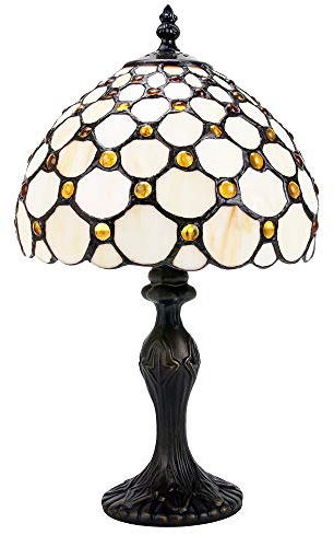 Happy Homewares Traditional Amber Stained Glass Tiffany Table Lamp with Multiple Circular Beads | 40w | 8 Diameter with Inline Switch Button