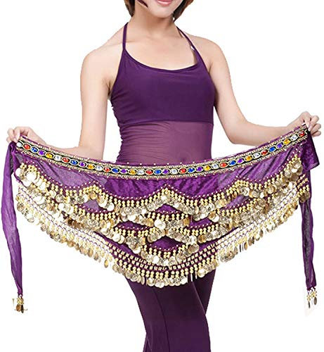 Bauchtanz-Schal für Damen, orientalischer Tanz, Schal, Rock, Hüftgürtel mit 271 Münzen, Pailletten, Zp142 Violett, One size