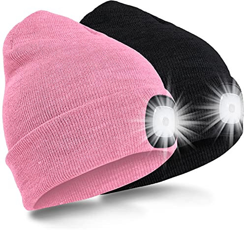 SPGOOD LED Beanie Beleuchtete Mütze mit Licht,Wiederaufladbare USB Winter Warm LED Mütze mit Licht,Lampe Laufmütze für Angeln,Jogger,Camping,Laufen(Schwarz&Rosa)