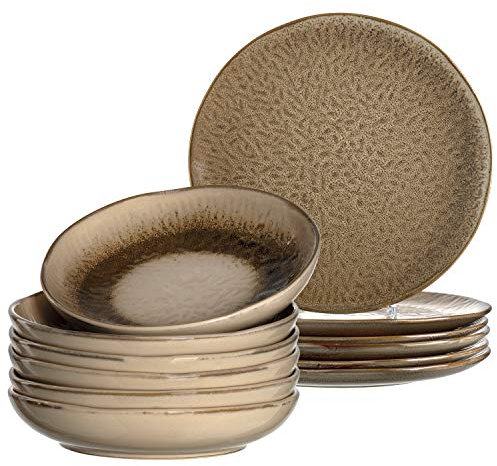Leonardo Matera Steingut Geschirrset, 12 teilig, spülmaschinengeeignetes Kombi-Service, Keramik, Suppen- Speise- Teller, beige Ø 20,7, 27 cm, 026045