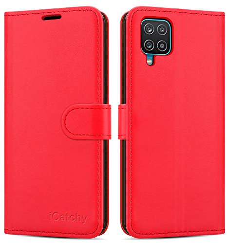 iCatchy For Samsung Galaxy A12 Case Leather Wallet Book Flip Folio Stand View Cover with Card Slots Compatible with Galaxy A12 5G (6.5'') (Red)