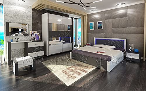 Camera da Letto Moderna con LED Stanza Matrimoniale Completa Nera Composta da Un Armadio con Ante Scorrevoli Due Comodini Un Letto Una Cassettiera CDLU4