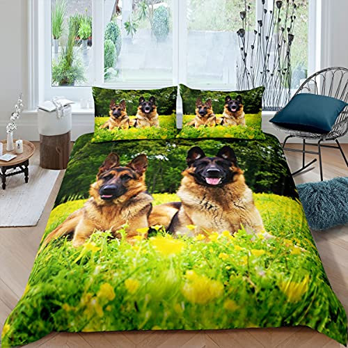 Homemissing 3D Hund Bettbezug Set Niedlicher Deutscher Schäferhund Bettwäsche Set 135x200cm für Kinder Jungen Zweige Gras Betten Set Paar Haustier Welpe Hund Design mit 1 Kissenbezug 2St