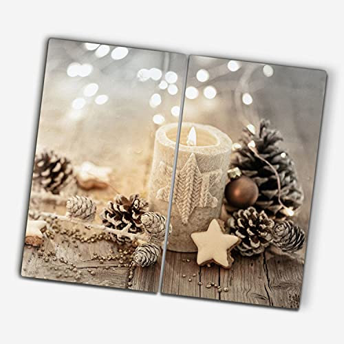 Coloray Glas Schneidebrett zu Weihnachten Glasabdeckplatte 2x30x52cm Spritzschutz Herdabdeckplatte Gehärtetes Glas Servieren von Speisen - Weihnachts Winter Kerze Kiefernzapfen