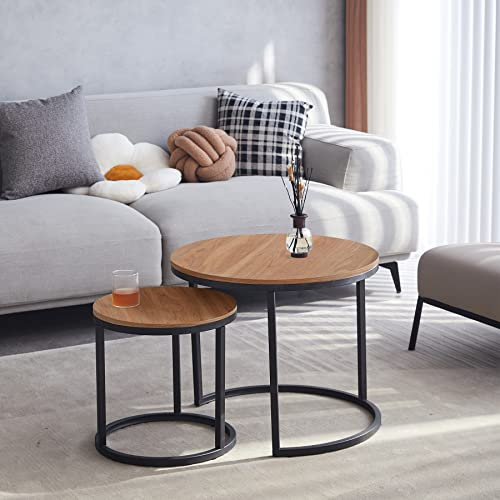 BenyLed Lot de 2 Table Basse Gigogne Ronde, Table D'extrémité avec Structure en Métal Noir, Plateau en MDF, Grande : 60 x 60 x 45 cm ; Petite : 40 x 40 x 35 cm (Marron Foncé)