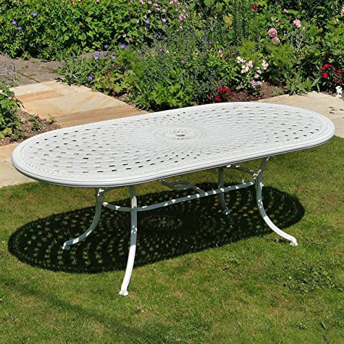 Lazy Susan 208 cm Catherine Gartentisch in Weiß mit 8 Emma Stühlen mit grünen Sitzkissen | Nachhaltiges Sandguss-Aluminium | Wetterfest | Rostfrei | Wartungsarm | 3 Jahre Garantie