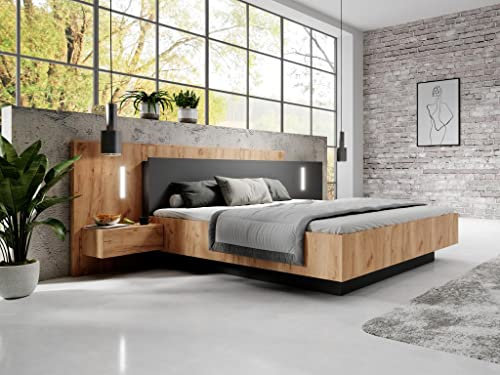 Vente-unique-Bett mit integrierten Nachttischen - 160 x 200 cm - 2 Schubladen + LEDs - Naturfarben & Anthrazit - FRANCOLI