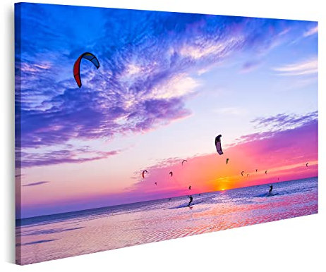 islandburner Bild auf Leinwand Kite-Surfen Silhouette bei Sonnenuntergang Bilder Drucke für Wohnzimmer Büro