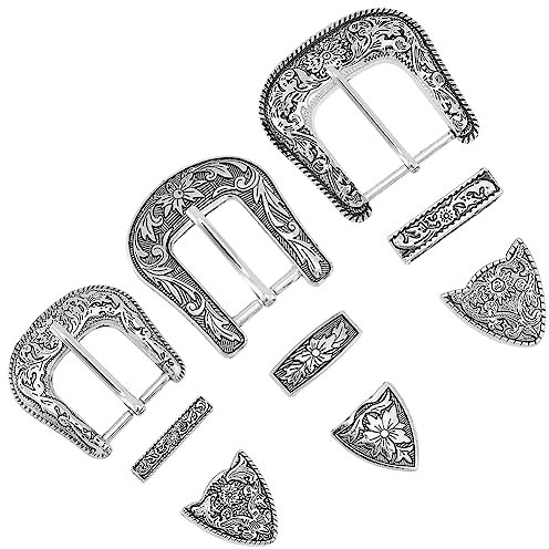 SUPERFINDINGS 3 Größen Western Gürtelschnallen Set Mit Floraler Gravur Antik Silber Gürtelsets Handpoliertes Cowboy Schnallen Set Mit Keeper Loop Zubehör