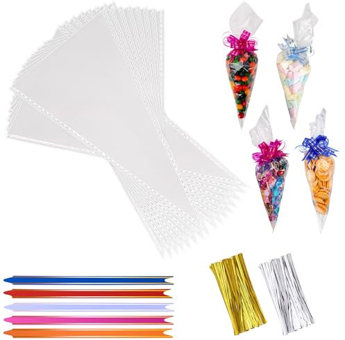 eHom Cone Shaped Cellophane Bags Pack of 50 (6 x 12 Inches) – Food Safe Cookie Bags with Mix Color Bows & Twist Ties – For Christmas & Halloween Gifts, Packaging, Wrapping and Hamper Making