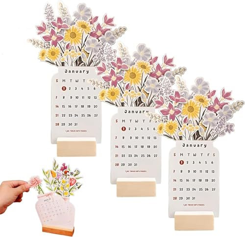 Schreibtischkalender Tischkalender 2024 Bloomy Flowers Blumen Stehkalender mit Blühend Blumen Kreativ Vasenform 3D Mini Kalender 2024 Neujahrs-Monatskalender Planer Büro Heim Deko Geschenk (B*3)