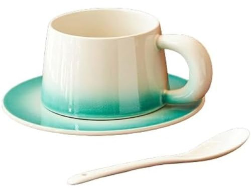 FülleMore Porzellan Espressotasse mit Unterteller und Löffel 200ml Cappuccino Tasse Frühstückstasse mit Kuchenteller Modern Farbverlauf Kaffeetasse Kaffeeservice für Party Zuhause Café (Blau)