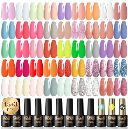 ROSALIND UV Nagellack Set, 48 Stück Mini Gel Nagellack Rosa Weiß Violett Grün Gelb Nackt Glitzer Farbgel Gelnägel für Nagelstudio Design Starter Maniküre Geschenkset