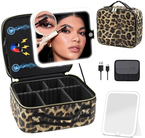 Jadazror Makeup Bag with Magnetic Removable Lighted Mirror, Travel Makeup Bag with Mirror 360° Angle, PU Leather Make up Organizer with Mirror and Lights, Portable Cosmetic Train Case Accessories Gift