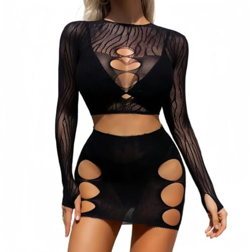 SamHeng Women's Mesh Bodycon Dress Set Fishnet Cut Out Long Sleeve Tank Top Mini Skirt Party Clubwear Sexy Out Fits Chemise Nithtwear