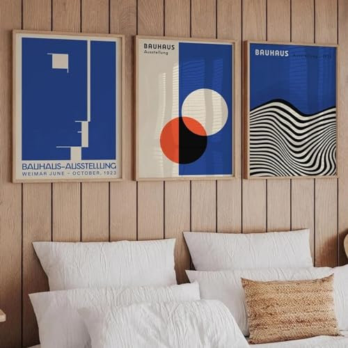 KemneT Blaue Bauhaus-Ausstellung geometrische Leinwandbild abstrakte Poster und Kunstdrucke Retro-Wand Bilder Bilder Wohnzimmer Heimdekoration 50 x 70 cm x 3 ungerahmt