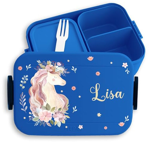 Kinder Bento Box Midi Lunchbox für Mepal Bentobox - Einhörner - Einhorn Geschenk Mädchen Schule I Kindergarten mit Name - 900 ml - Blau - einhorn-bento-box personalisierte brotboxen unicorn