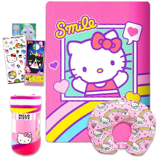 Hello Kitty Set di cuscini per il collo e coperta, confezione con coperta in pile Hello Kitty da viaggio, cuscino per il collo, adesivi, crea un libro di attività per il viso, altro ancora | Hello