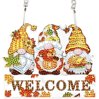 DCIDBEI Pittura Diamante Fai da Te Pendente Gnomi WELCOME 15x15cm Diamond Painting Finestre Ornamenti Targa Puzzle Diamond Ciondolo Campanello a Vento Decorazione a Mosaico per Principianti Gnomi