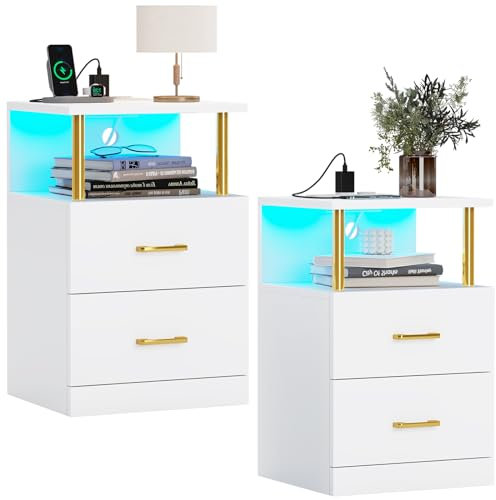 AOGLLATI 2er Set Nachttisch mit Ladestation und LED-Leuchten, Nachttisch mit offener Speicher, 2-Schubladen, 2 AC-Steckdosen, 2 USB-Anschlüsse, moderner Beistelltisch für Schlafzimmer (Weiß)