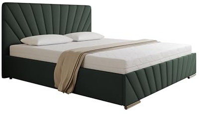 PANDA MÖBEL Polsterbett 180x200 cm - RAY Kollektion - Modern Doppelbett mit hochwertiger Taschenfederkernmatratze Pocket - Polsterbett mit Bettkasten für Schlafzimmer - Dunkelgrün