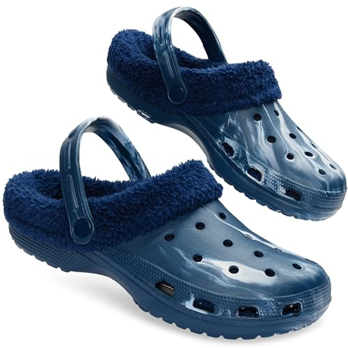 CityComfort Men's Teens Clogs Winter Classic Fleece Lined House Shoes - Warm Garden Shoes Slip On with Strap (Marble Blue, 8 UK)