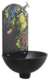 Petra Wandbrunnen mit Front aus Lavastein, handbemalt, Dekor Zitronen und Granatäpfel, Schale aus Aluminium, komplett mit Wasserhahn (Messing verchromt)