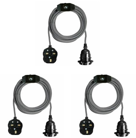 Plug In Pendant Light Ceiling Light Fitting E27 Lamp Holder Suspended Black and White Fabric Cable With On/Off Switch-UK Plug Lamp Kit For Home Decor (3Pack Black & White)