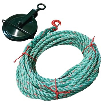 Gin Wheel Scaffold Pulley & 18mm Polysteel Gin Wheel Rope With Safety Hook - Scaffolding - Roofing - Scaffoling Rope (20 Metres)