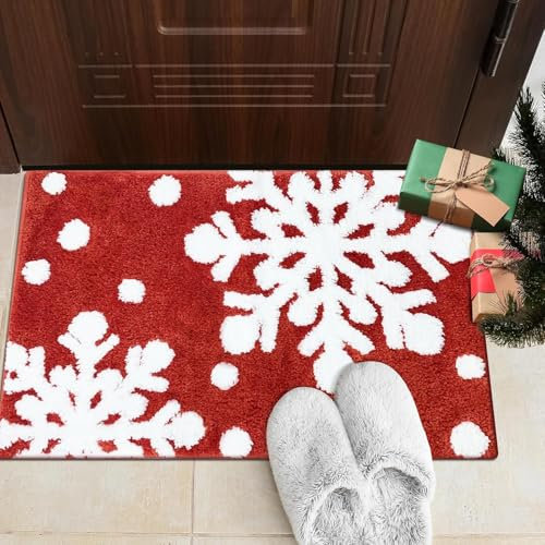AIBIIN Christmas Bath Mat Snowflakes Bathroom Rugs Non-Slip Microfiber Absorbent Shower Rug for Bathtub White Snow Christmas Home Decorations 50x80cm