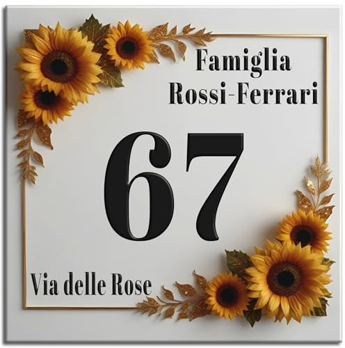 LMK DECO Numero Civico Targa Decorativa PERSONALIZZABILE,Numero Civico su Mattonella Ceramica 15x15cm, 20x20cm con Indirizzo e Nome Famiglia Personalizzato,Numeri Civici Moderni. (S)