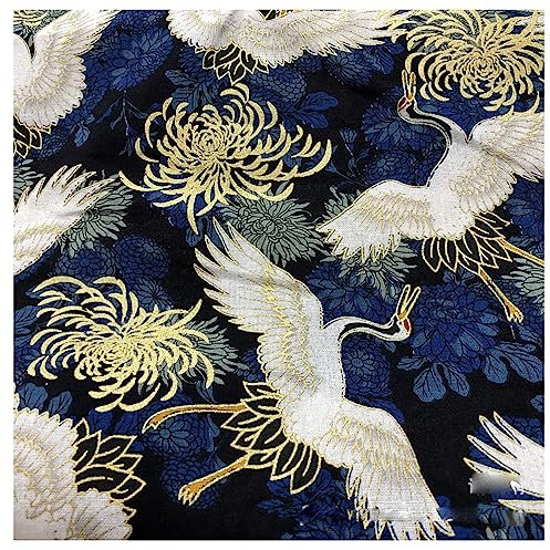 BrightGlow 200x150 cm Japanischer Stil Baumwollstoff Meterware Bunt Gedruckt Nähstoffe mit Blume Fächer Fliegender-Kran Tücher Baumwolltuch Kleiderstoff Quiltstoffe Blau-Kran