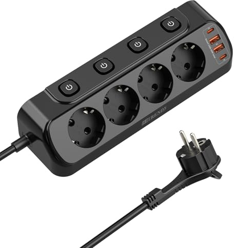 Steckdosenleiste 4-Fach Einzeln Schaltbar, Ecksteckdose mit USB C PD 20W & Flachstecker, 2m Kabel, Kindersicherung & Überspannungsschutz, Schreibtisch-Steckdose für Büro, Home-Office - Schwarz Black
